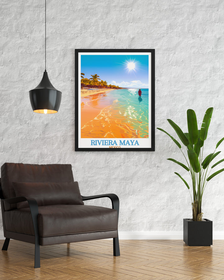 Beautiful Akumal Beach print from Riviera Maya Mexico perfect for adding tropical elegance to your home living decor. This Mexico gift features stunning artwork of Akumal Beach making it an ideal choice for beach decor and tropical art lovers seeking unique home accents.