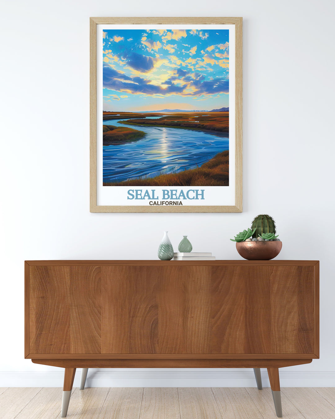 Seal Beach Travel Print captures the relaxed charm of Californias coastal life, featuring the peaceful shores of Seal Beach and the vibrant landscapes of the National Wildlife Refuge. This wall art is perfect for bringing a touch of Californias natural beauty into your home.