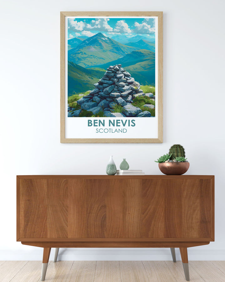 Retro Travel Poster of Ben Nevis Summit bringing a vintage charm to your home decor while showcasing the grandeur of Scotlands famous peak