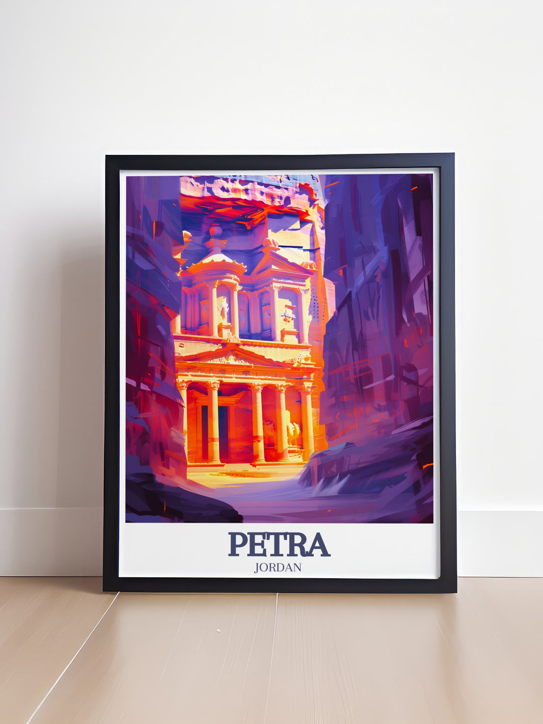 Petra Poster Print showcasing the stunning architecture of The Treasury and the winding path of The Siq. This travel print brings the beauty of Jordans most famous landmark into your home, ideal for adventurers and history lovers.