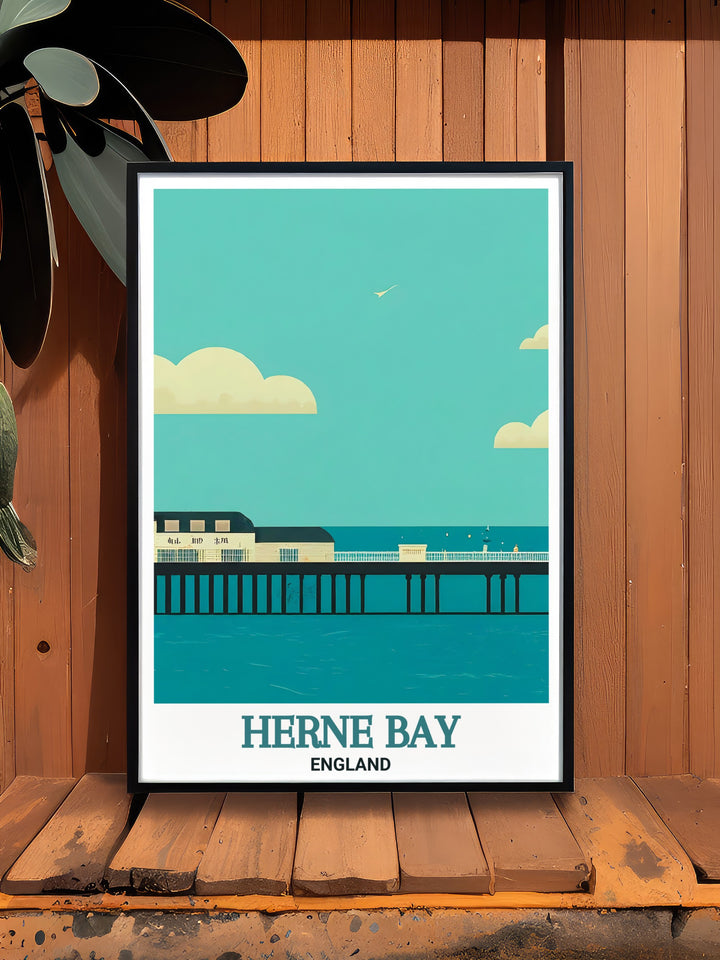 Featuring the historic Herne Bay Pier, this Kent wall art offers a vibrant display of British coastal beauty. Perfect for those who enjoy Kents seaside destinations, this travel print adds a touch of coastal elegance to your home.