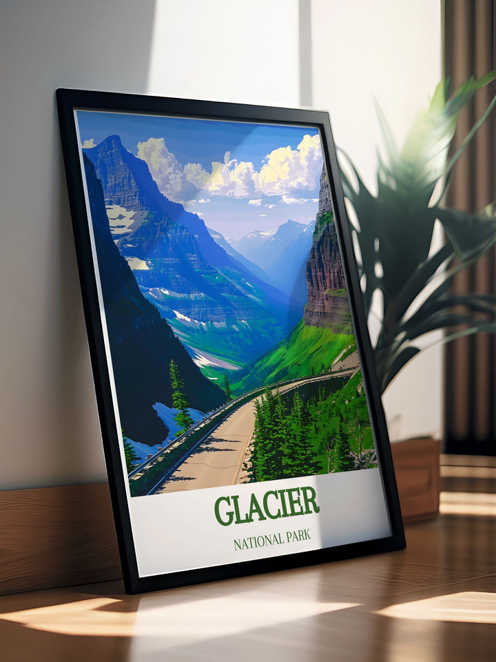 This detailed art print brings to life the majestic landscapes of Glacier National Park. Featuring towering peaks and serene valleys, this poster is ideal for those who dream of exploring North Americas unspoiled wilderness.