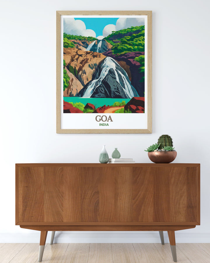 A vibrant Goa art print showcasing Dudhsagar Falls, one of the most breathtaking waterfalls in India. The detailed depiction of the falls and the surrounding landscape makes this print a standout piece, perfect for anyone who loves nature and Indian landmarks.