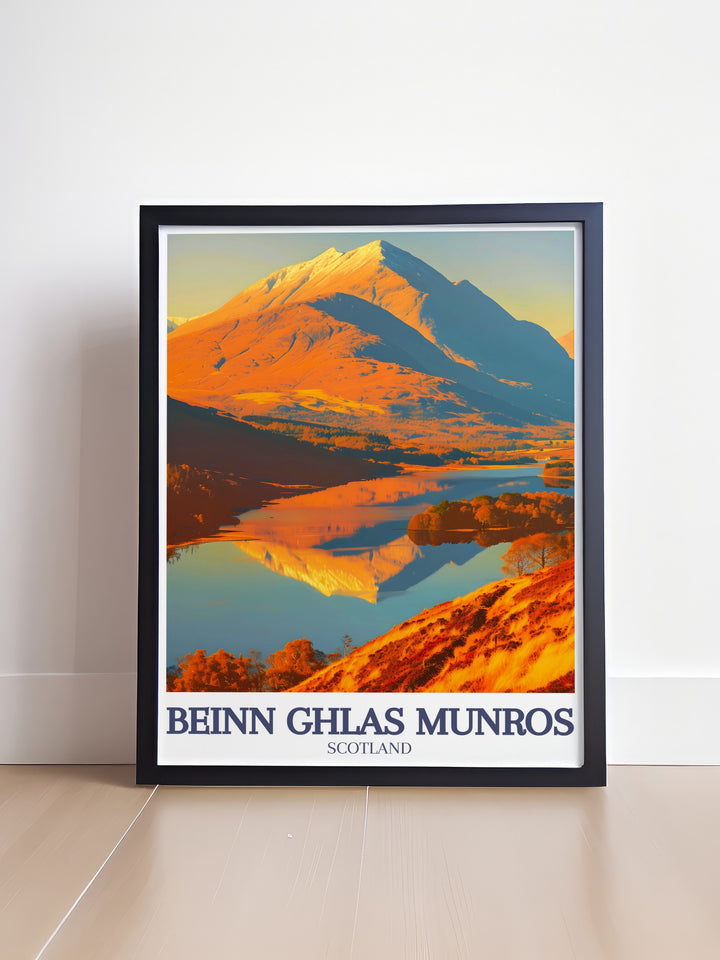 Ben Lawers and Loch Tay vintage print showcasing the serene beauty of the Scottish Highlands with the imposing presence of Beinn Ghlas Munro. Perfect for home decor and those who cherish Scotlands natural splendor.