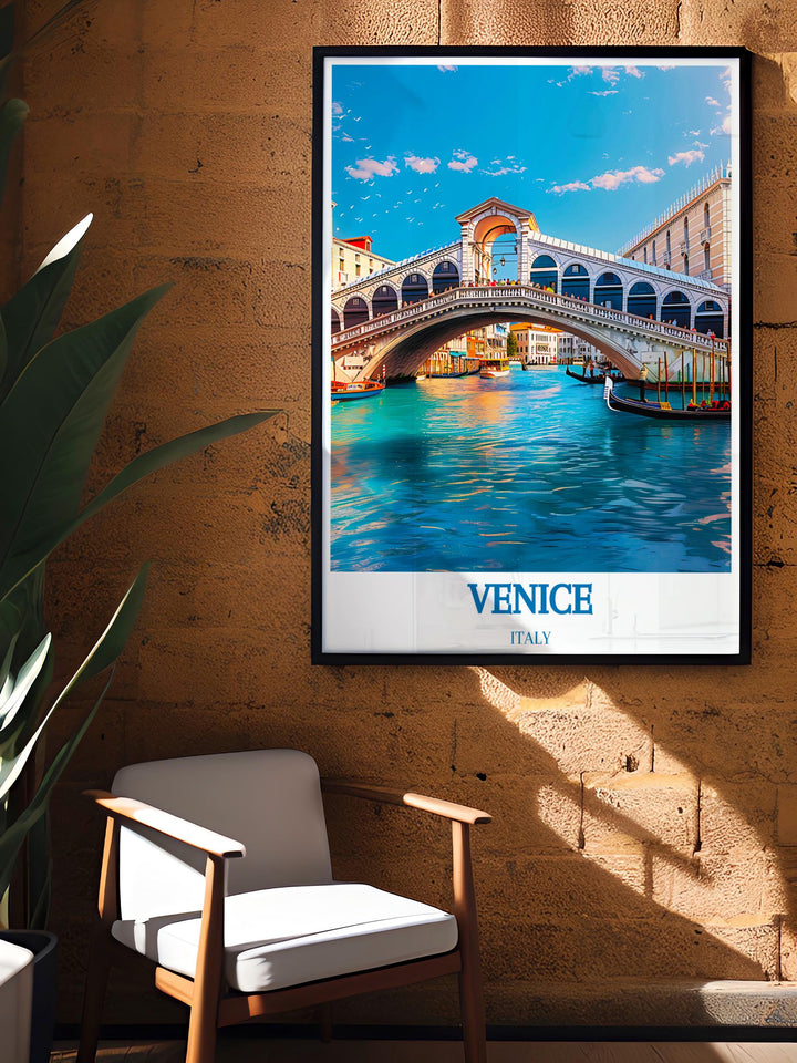 California Wall Art featuring a colorful Venice Beach Poster and a detailed illustration of Rialto Bridge both offering a beautiful blend of coastal and European vibes that enhances any living space.