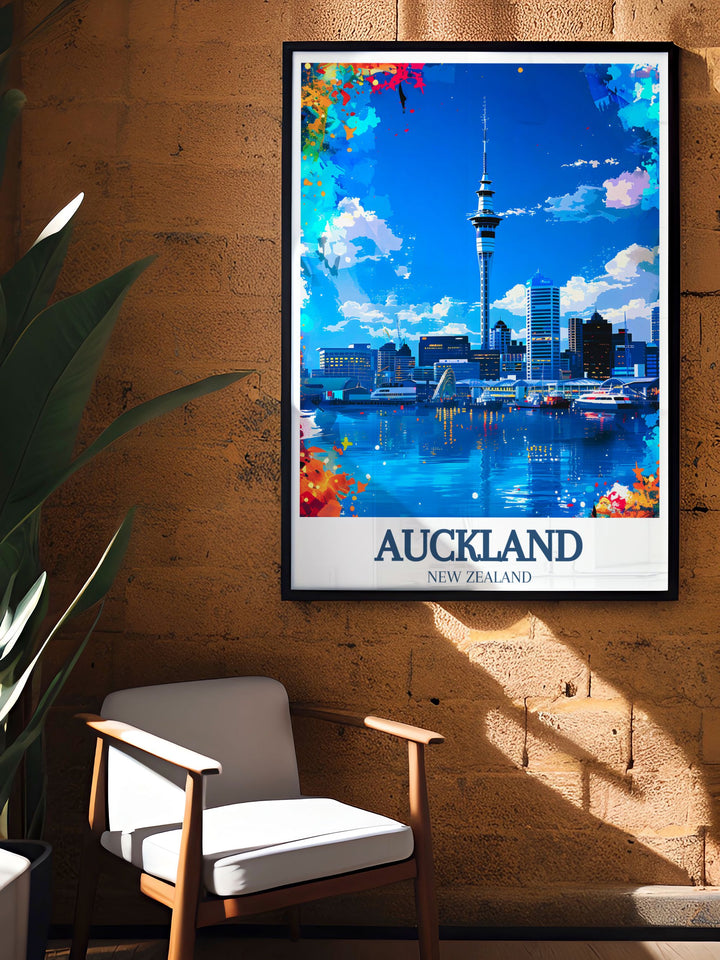 Detailed New Zealand painting of Aucklands Sky Tower and skyline, perfect for city art lovers. This print showcases the architectural beauty and vibrant energy of Auckland, making it an ideal piece for those who appreciate urban landscapes.