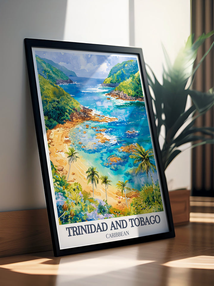 Featuring Maracas Bays sandy beaches and the unique waters of the Nylon Pool, this Trinidad and Tobago art print is ideal for those who dream of the Caribbean. This framed artwork brings the peaceful charm of the islands into your living space.