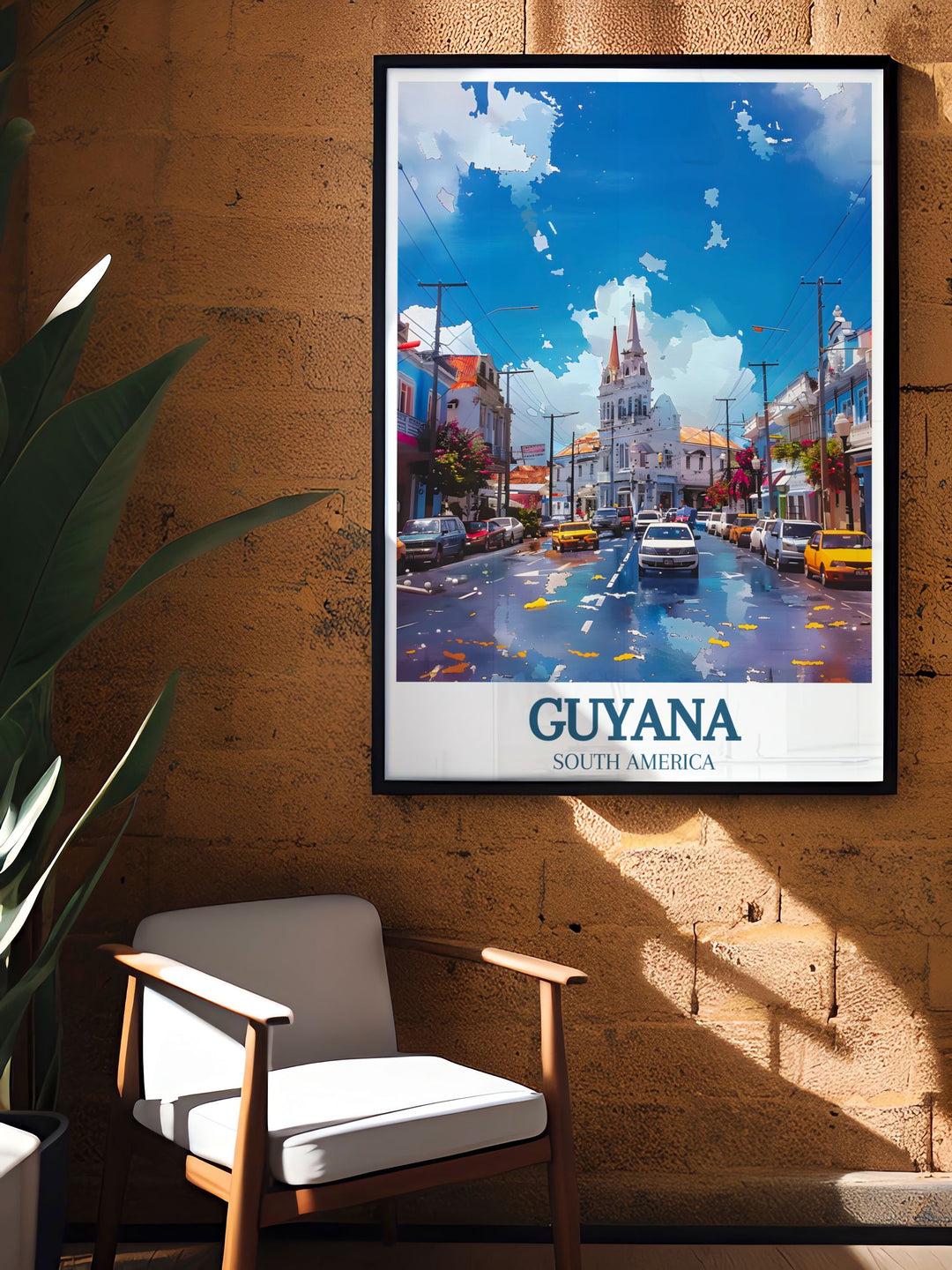 This travel poster of Georgetown captures the vibrant streets and colorful atmosphere of the city, showcasing its unique charm and lively spirit, perfect for adding a touch of Caribbean culture to your home decor.