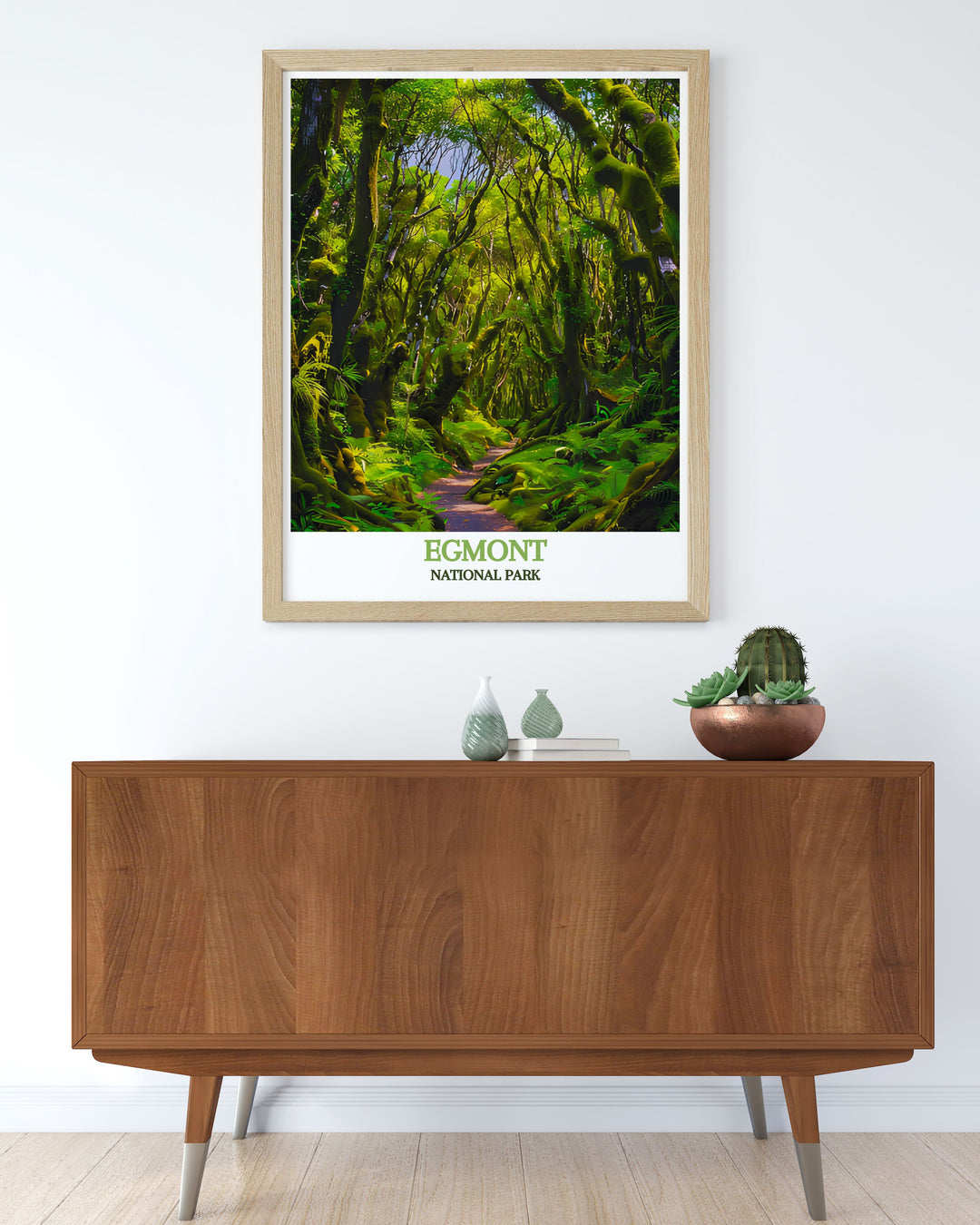 Framed art of the Goblin Forest, illustrating the unique, moss covered trees and captivating environment of this magical forest in New Zealand.