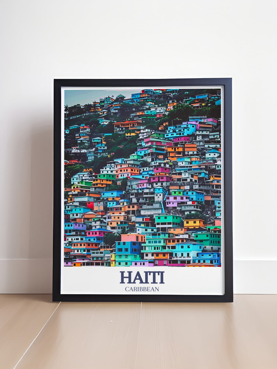 The iconic Jalousie neighborhood and the cityscape of Port au Prince come to life in this vintage inspired travel poster. A perfect gift for travelers or art lovers, this wall print showcases Haitis lively and colorful culture.