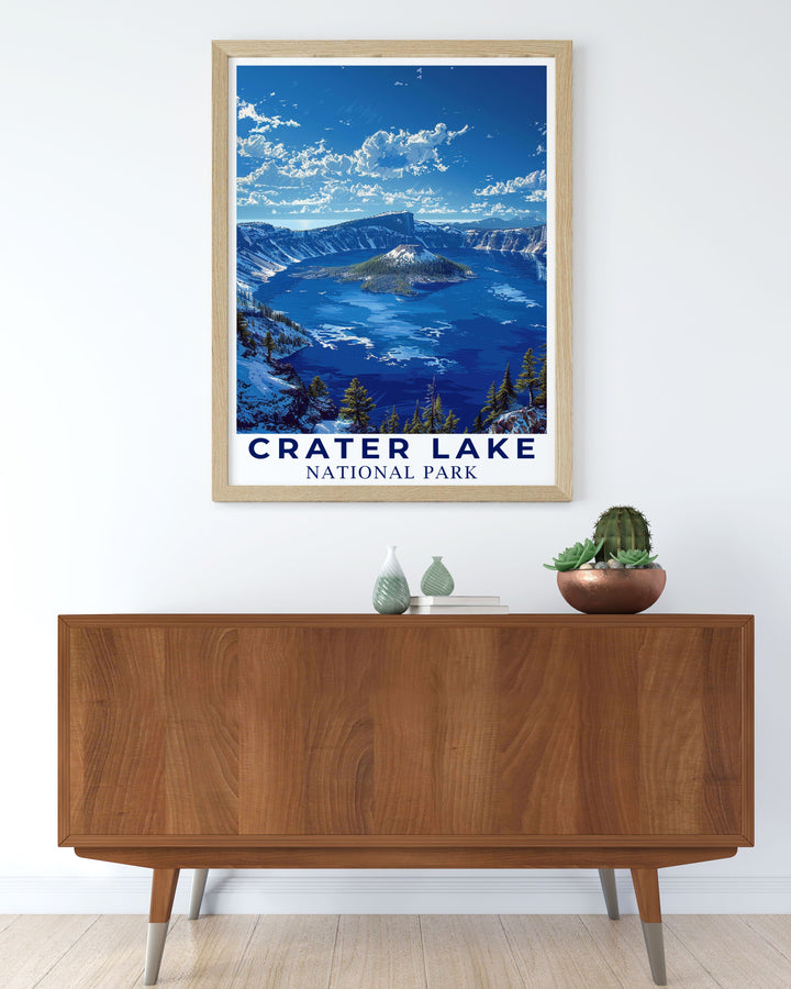 Unique Crater Lake vintage print highlighting the natural beauty and iconic landscapes of this national park. Perfect for home decor these National Park Art pieces offer a timeless tribute to Crater Lake.