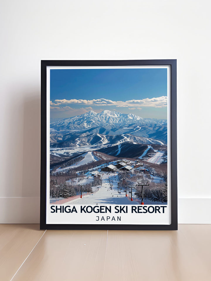 This travel poster showcases the majestic Japanese Alps, highlighting the pristine snow and stunning vistas from Yokoteyama and Shibutoge Peaks, inviting viewers to experience the unique skiing destination.