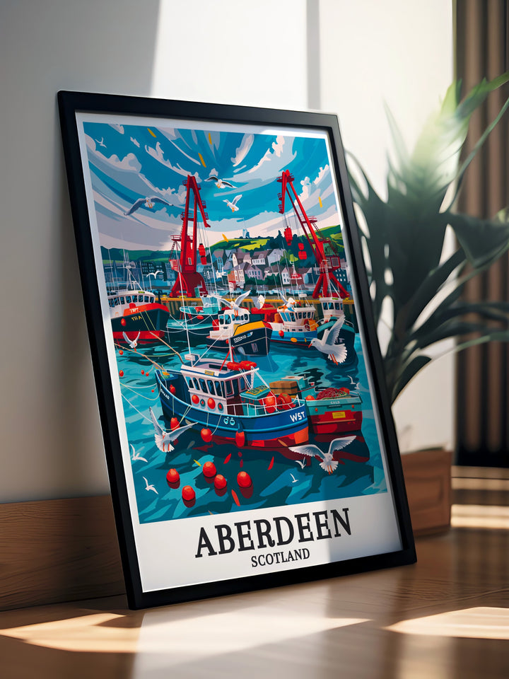 Aberdeen Harbour Custom Print highlighting the dynamic spirit of Aberdeen Harbour with detailed illustrations and rich colors. This artwork offers a unique perspective on one of Scotlands most important landmarks, ideal for enhancing your home decor