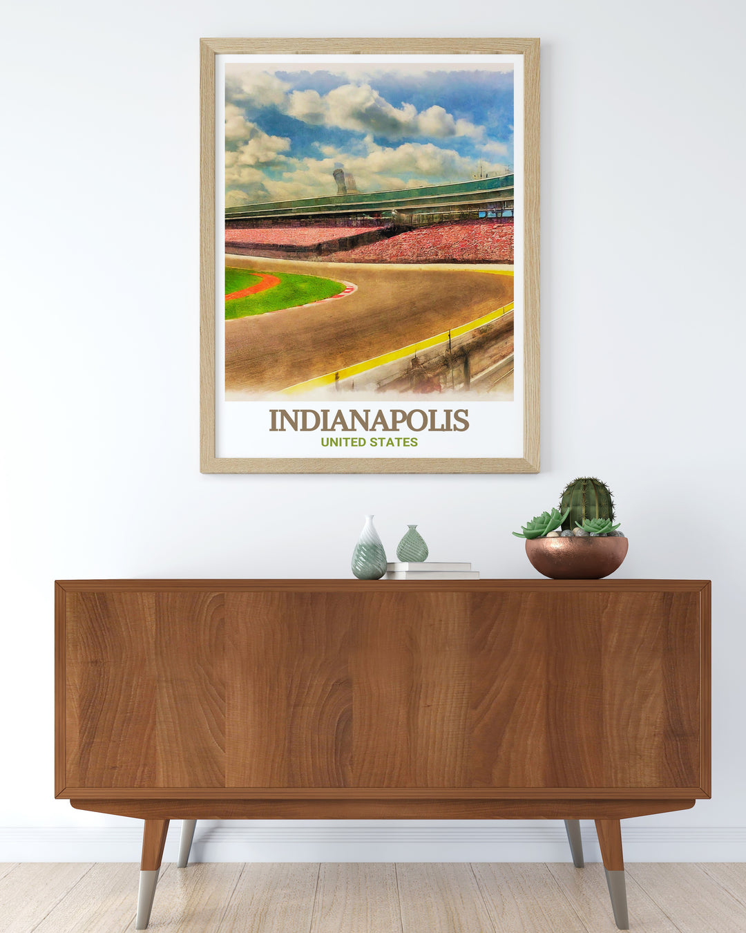 Indianapolis Motor Speedway travel print capturing the excitement and history of this iconic landmark. Perfect for home decor or as a unique gift for racing enthusiasts and Indianapolis lovers. The vibrant colors and fine details bring the speedway to life.