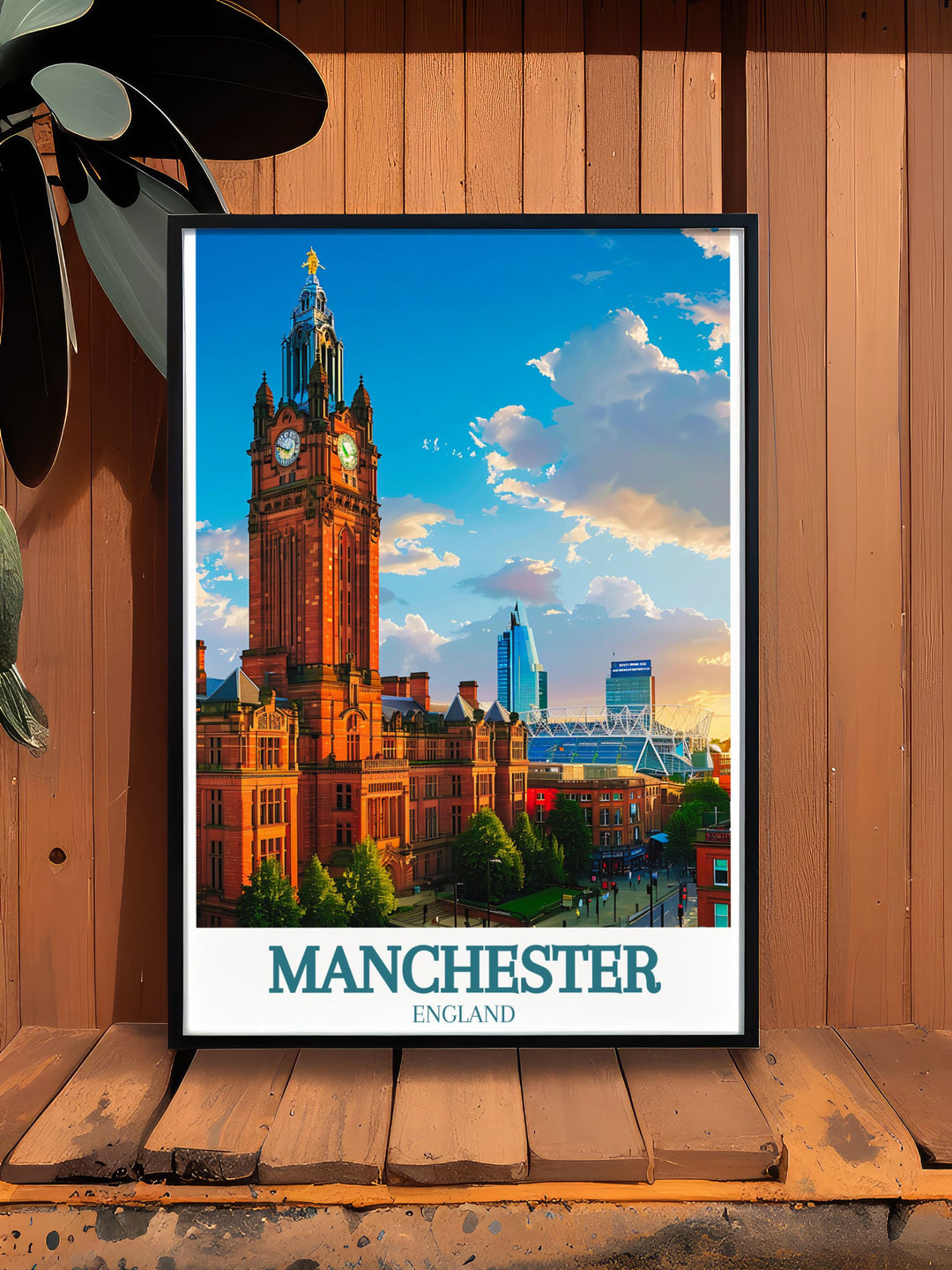 Manchester town hall and Old Trafford stadium wall art depicting the iconic buildings in all their glory ideal for those who admire Manchesters historical and cultural heritage and want to showcase it in their decor.