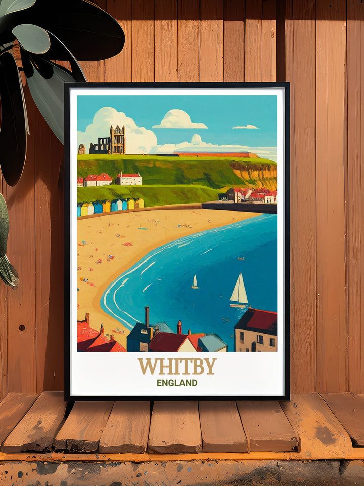 Whitby Abbey and Beach poster capturing the gothic ruins overlooking the North Sea. This artwork is a striking piece for lovers of history and travel, offering a window into one of Yorkshires most iconic landmarks.