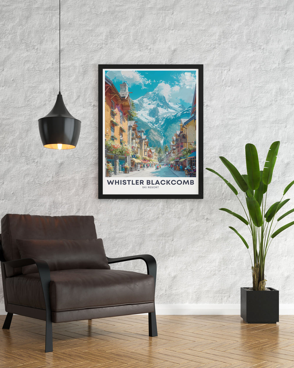 Whistler village prints depicting the charming pedestrian streets and breathtaking mountain backdrop of Whistler Blackcomb, ideal for winter sports enthusiasts and art lovers.