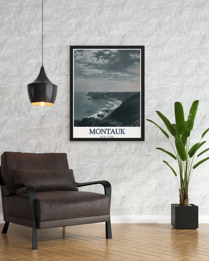 Sophisticated Montauk Art Print showcasing Montauk Point Lighthouse and Camp Hero State Park perfect for adding a timeless touch to your living room and as unique anniversary and birthday gifts