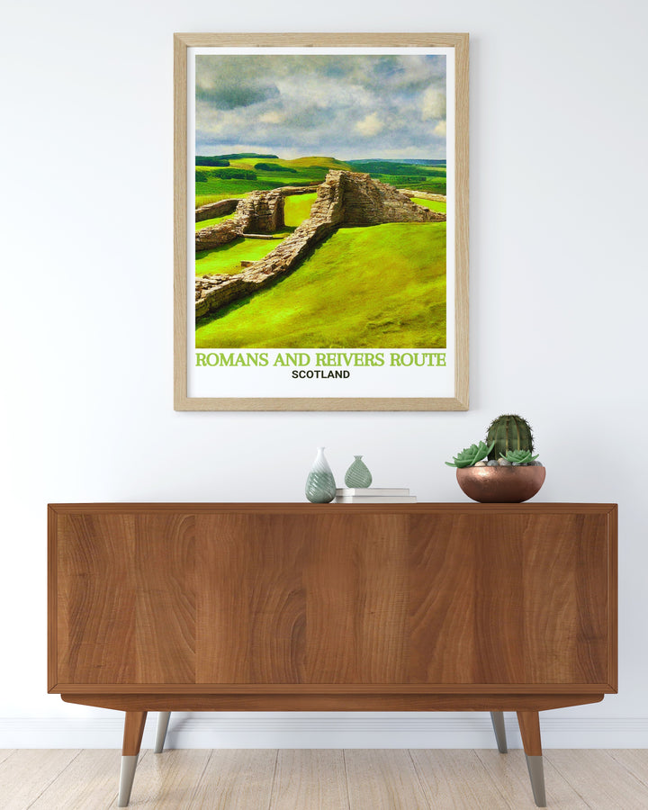 Housesteads Roman Fort and the Reivers Route come to life in this beautiful vintage travel print perfect for decorating your home or office a great addition to any National Park poster collection and ideal for nature lovers and history enthusiasts alike.