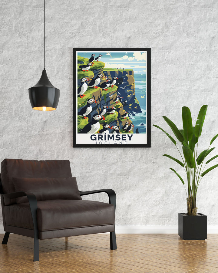 Showcasing the stunning Northern Lights over Grimsey Island, this art print brings the magical beauty of the Aurora Borealis into your living space, ideal for creating a serene atmosphere.