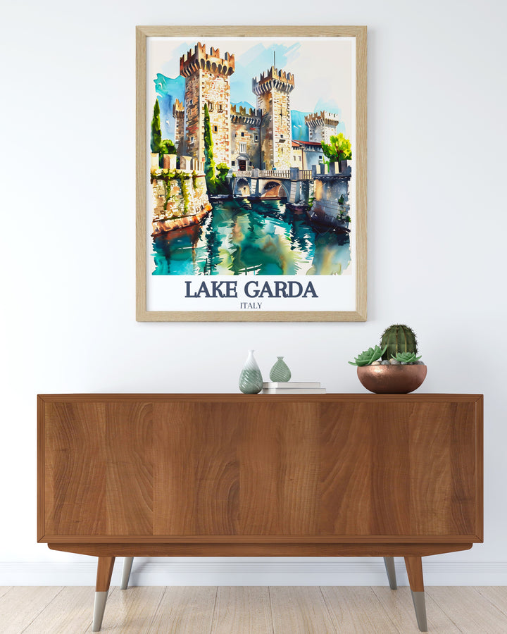 Elegant Lake Garda poster featuring Scaliger Castle and Isola del Garda perfect for anyone who loves Italy art. This stunning Italy print is a great addition to home decor and makes a thoughtful gift for mom dad or anyone who enjoys Italian culture.