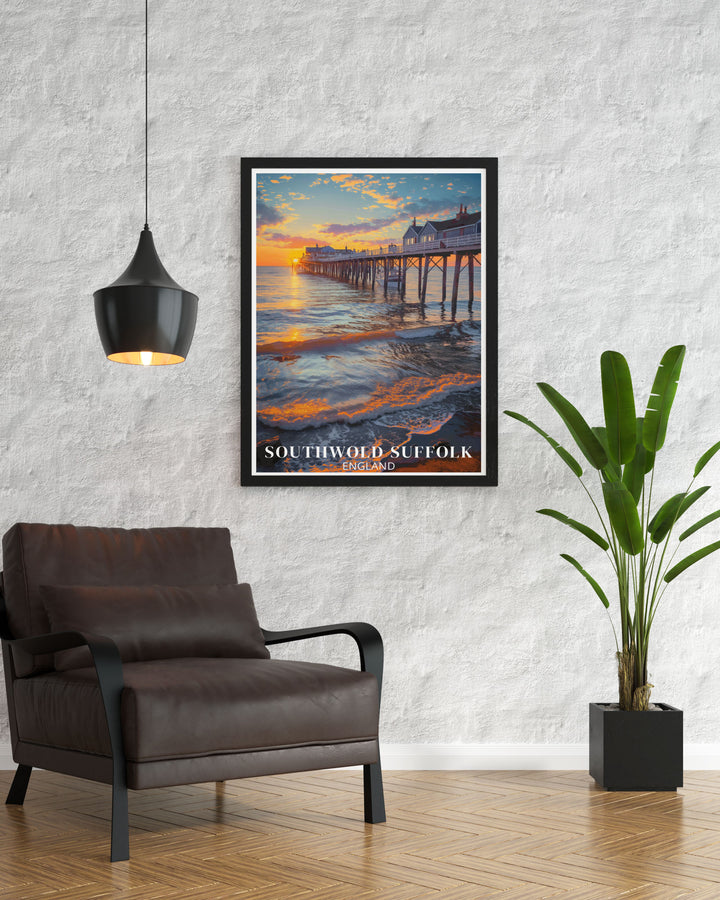 Southwold Poster highlighting the Southwold Lighthouse beach huts and picturesque Pier perfect for creating a serene atmosphere in your home and making a unique gift for seaside lovers and UK travel enthusiasts