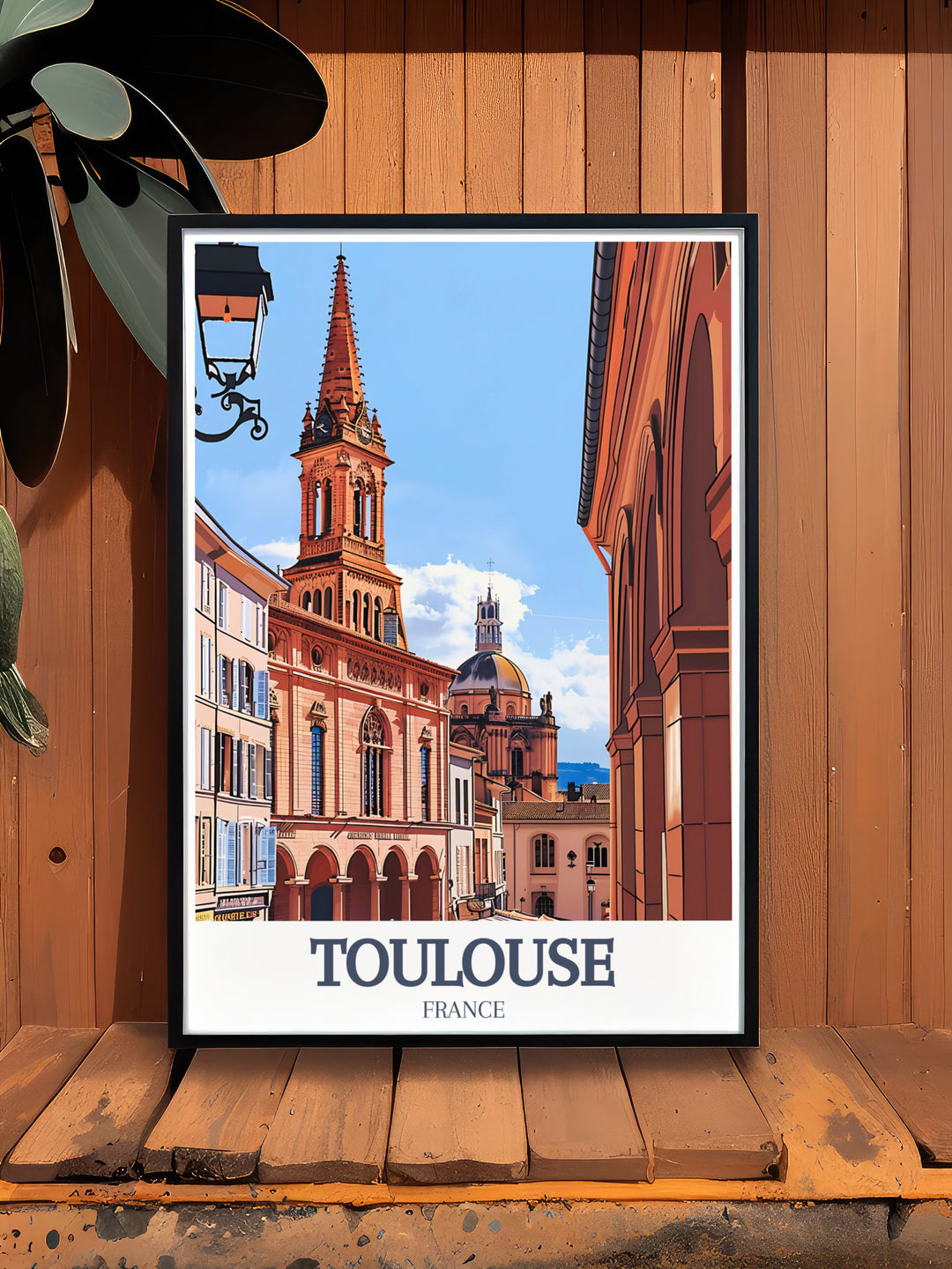 Toulouses Place du Capitole and Basilica of Saint Sernin are elegantly portrayed in this travel poster, offering a stunning view of the citys iconic landmarks. Perfect for anyone who admires French architecture, this framed print brings Toulouses beauty into your home.