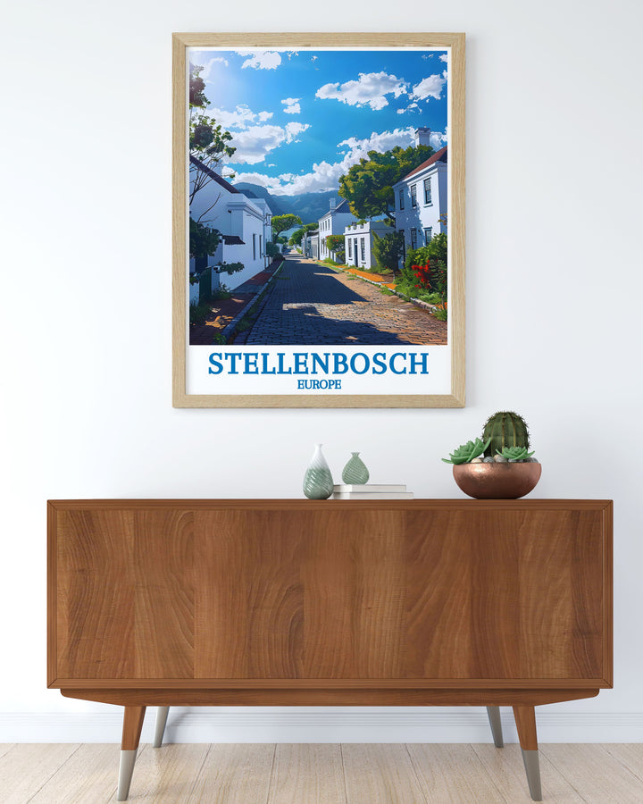 Experience the charm of Stellenbosch with this detailed art print, showcasing the vibrant atmosphere of Dorp Street and its well preserved architecture.