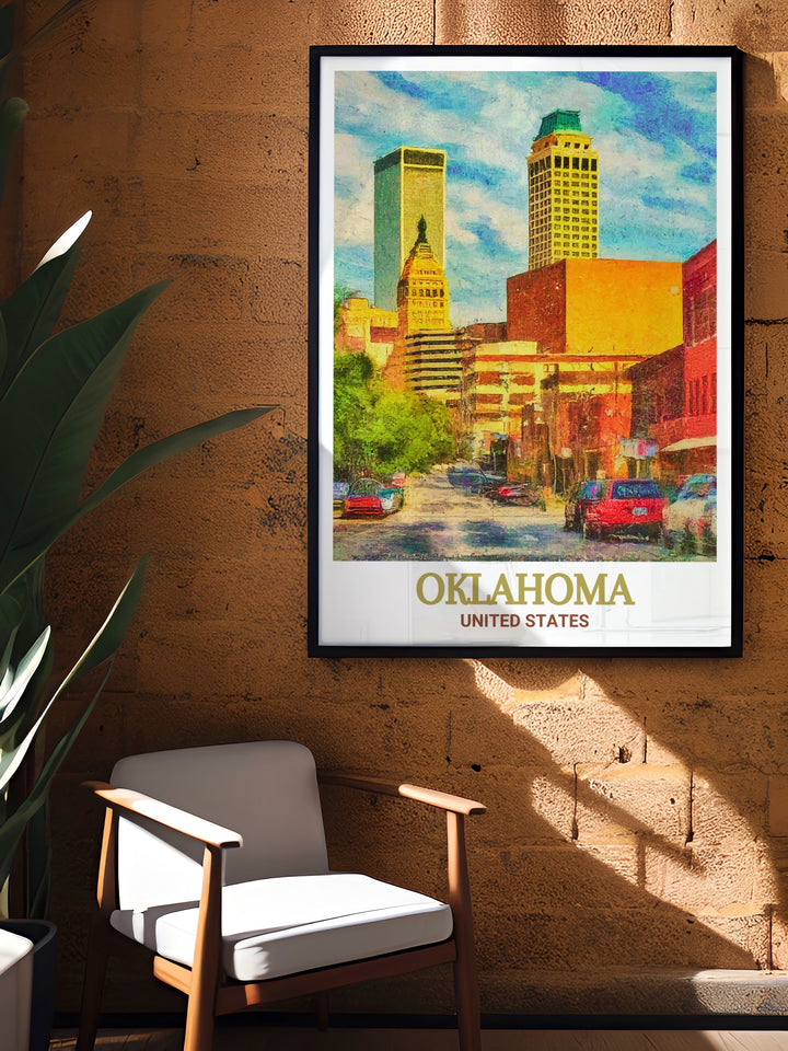 Stunning Oklahoma travel print featuring the detailed architectural designs of Tulsas Art Deco District. Black and white fine line print perfect for modern home decor or gifting on special occasions like birthdays anniversaries or Christmas holidays.