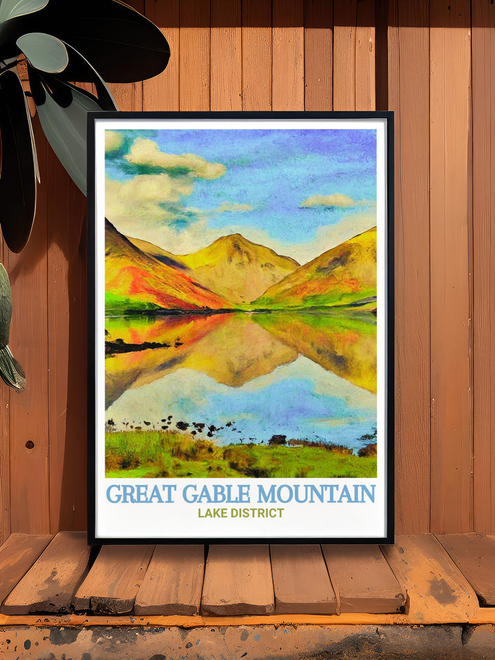 The Great Gable framed art captures the wild and scenic beauty of Cumbrias iconic landscape. The print focuses on the dramatic peaks of Great Gable and the surrounding valleys, offering a breathtaking view of one of Englands most beloved national parks. Ideal for any home or office, this framed art brings a sense of adventure and natures majesty into your space.