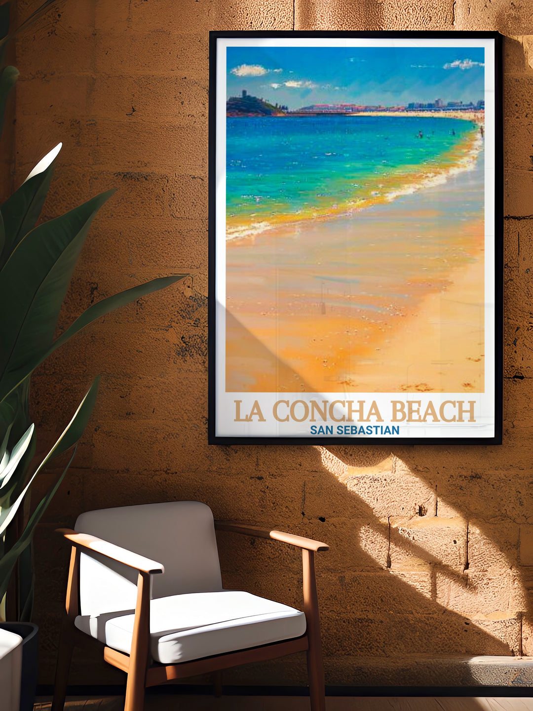 La Concha Beach art print features a stunning view of the Playa de La Concha in San Sebastián, Spain. With vibrant colors and detailed imagery, this travel poster adds a touch of coastal beauty to any room. Ideal for beach lovers and travelers.