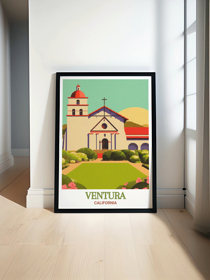 A timeless black and white poster featuring the historic Mission San Buenaventura and a detailed street map of Ventura County. The matted fine line print offers a modern take on Venturas rich history, making it an elegant addition to home decor or a meaningful gift for history enthusiasts and art lovers alike.