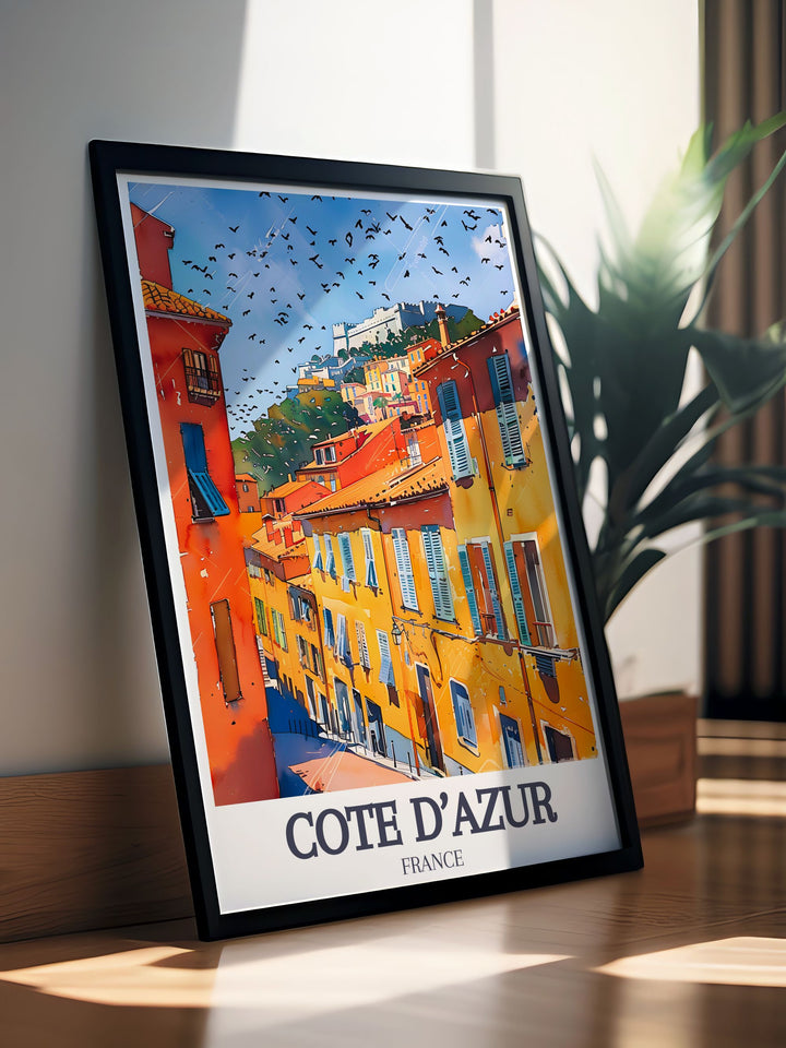 Featuring the beautiful Castle Hill in Nice, this Côte dAzur travel print is perfect for those who love Mediterranean landscapes. The artwork brings the vibrant colors and elegance of France into your home, offering a timeless and sophisticated décor piece.