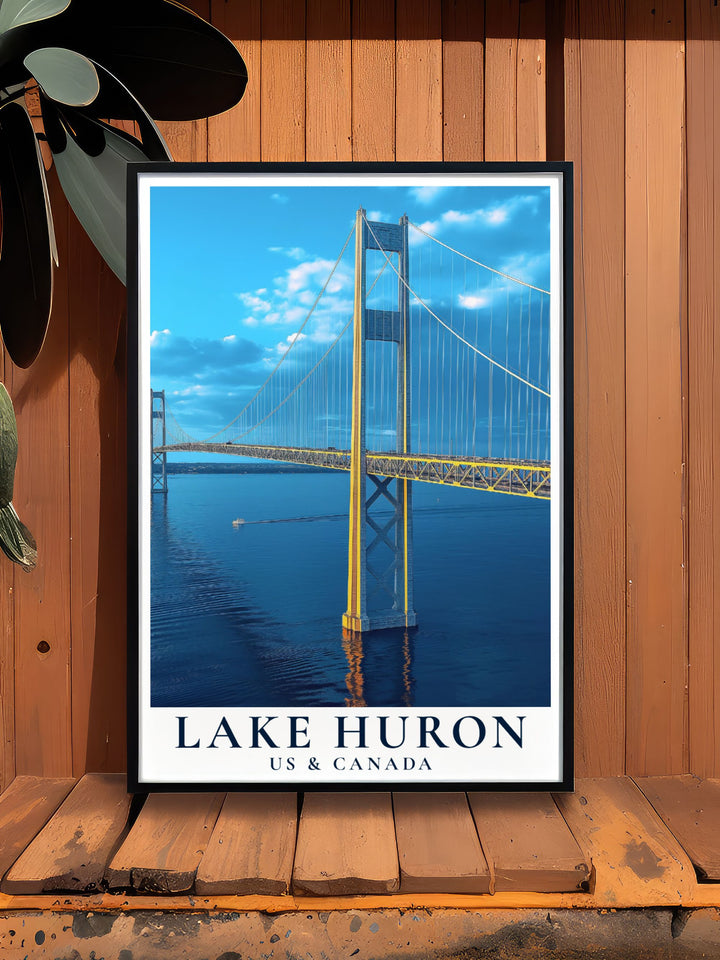 The Lake Huron modern art print with the Mackinac Bridge is a stunning addition to any home. Featuring tranquil waters and picturesque scenery this print is perfect for enhancing your decor and adding a touch of elegance to your living space