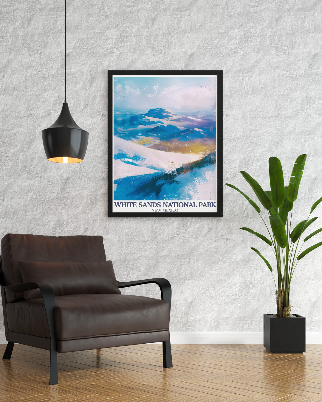 White Sands National Park print highlighting the beauty of the Sacramento Mountains and the Chihuahuan Desert perfect for travel lovers and those seeking unique and modern art decor for their living space a stunning piece of wall art.