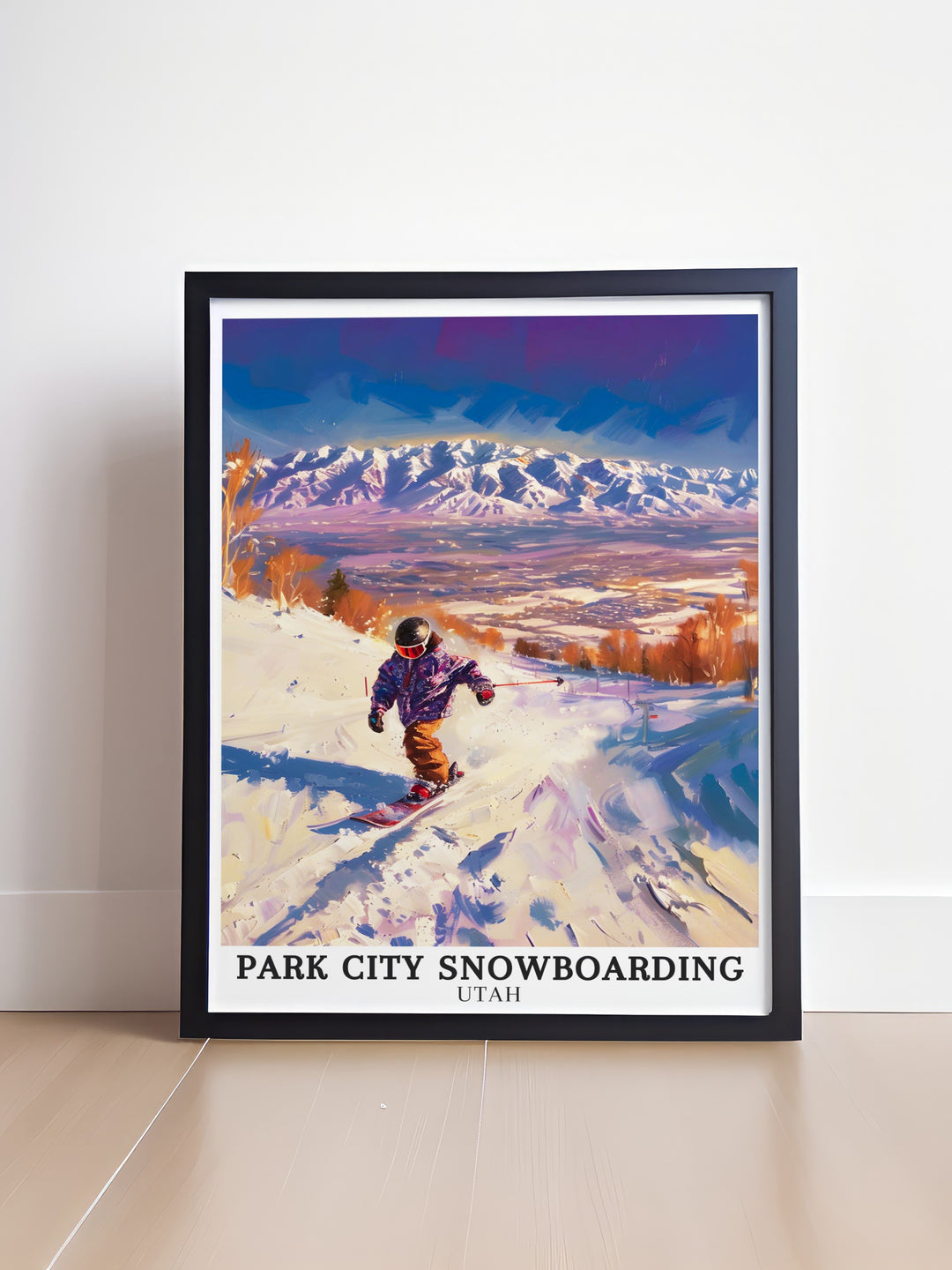 Snowboarding at Park City Mountain Resort. Showcasing the stunning beauty and dynamic action of the Wasatch Range, these posters are ideal for adding a touch of adventure to your wall decor.