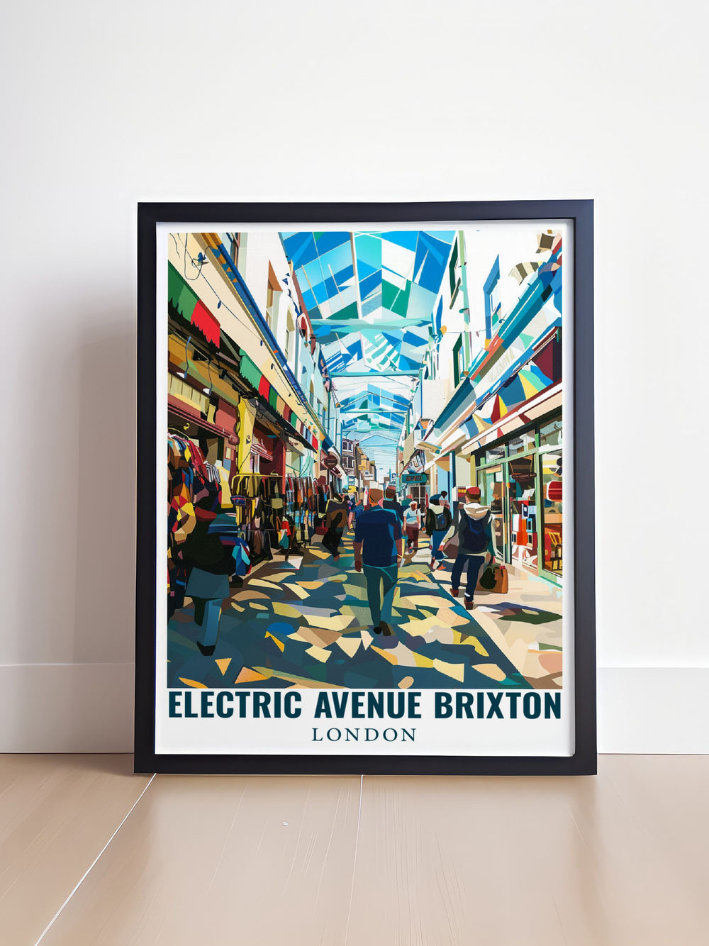This travel poster captures the vibrant energy of Electric Avenue and Brixton Market, showcasing the lively atmosphere and cultural significance of this iconic London area.