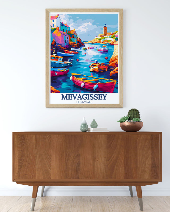 Showcasing the historical St. Peters Church, this travel poster highlights its beautiful architecture and significance as a place of worship and community gatherings. Perfect for those who appreciate religious and historical sites, this artwork brings a piece of Mevagisseys rich history into your decor.
