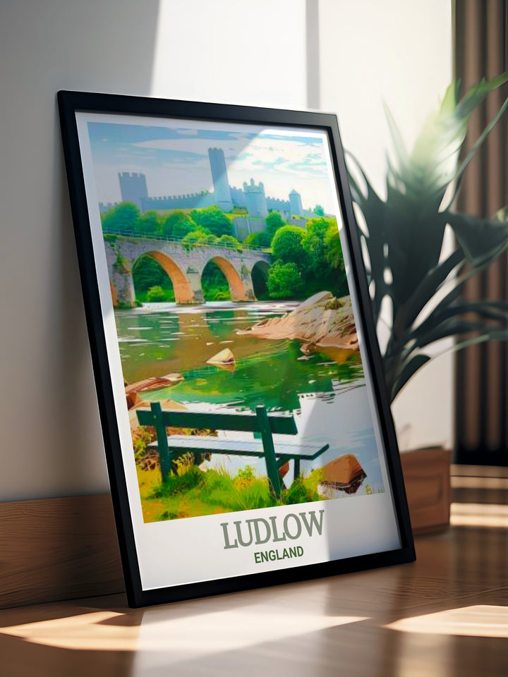 This Ludlow travel poster captures Dinham Bridge in its full glory. Whether youve visited Ludlow or dream of walking its streets, this artwork is a perfect way to cherish and remember the beauty of this historic English town.