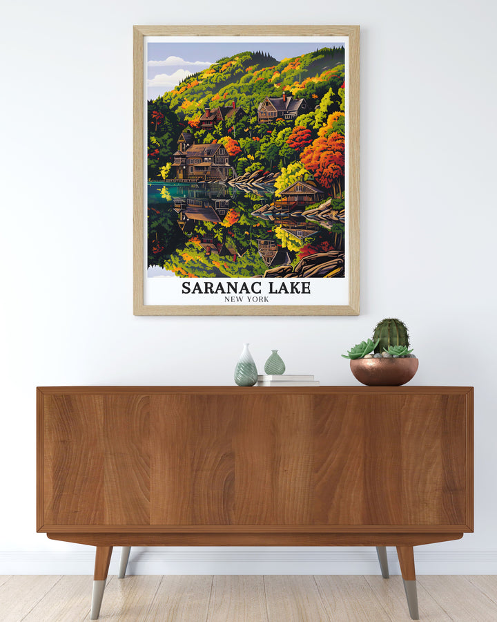 Bring the spirit of New York State into your home with this Saranac Lake poster Featuring the Adirondack Mountains and Adirondack Park this stunning print is the perfect wall art for those who appreciate New York State decor and nature themed artwork