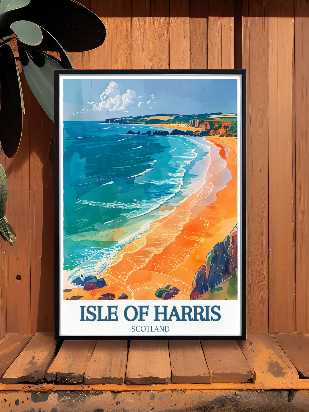 A captivating travel print highlighting the stunning landscapes of Luskentyre Beach. This artwork invites viewers to experience the tranquility of the beach, making it an ideal addition to any collection celebrating the beauty of the Isle of Harris.