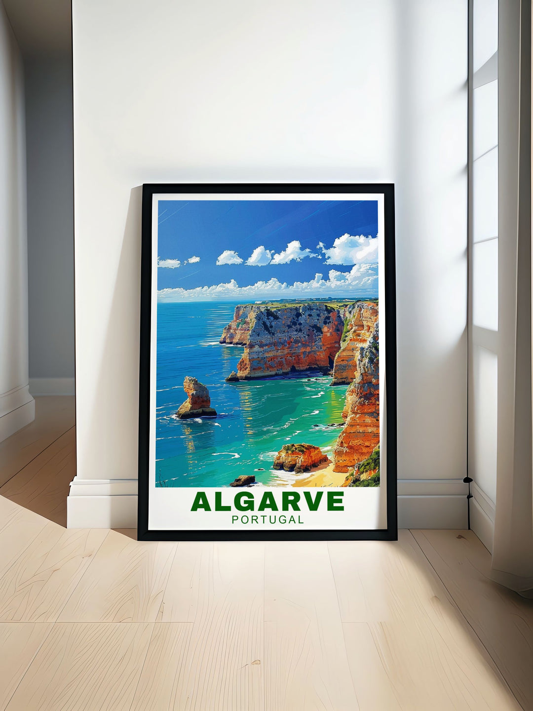 The iconic Algarve cliffs are brought to life in this detailed travel poster, showcasing their vibrant colors and stunning landscapes, perfect for any room in need of a coastal vibe.