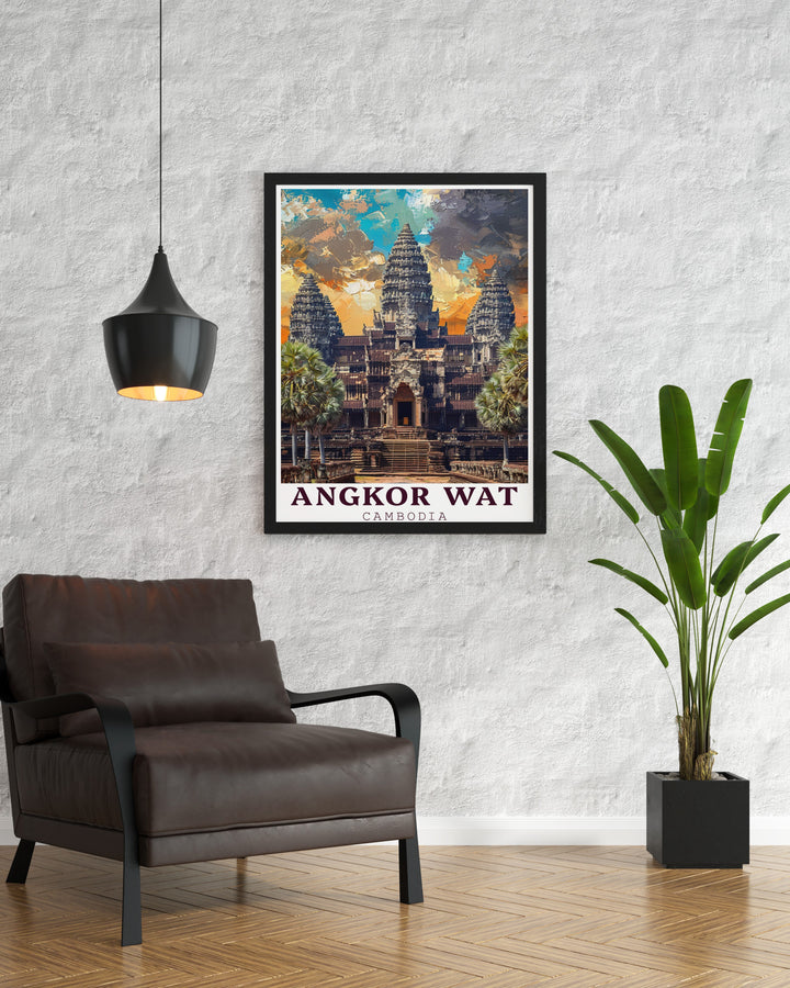 This Angkor Wat travel poster is a stunning homage to one of the most famous ancient temples in the world. Perfect for lovers of history and culture, this poster adds elegance and depth to any space while celebrating the majesty of Cambodias architectural heritage.