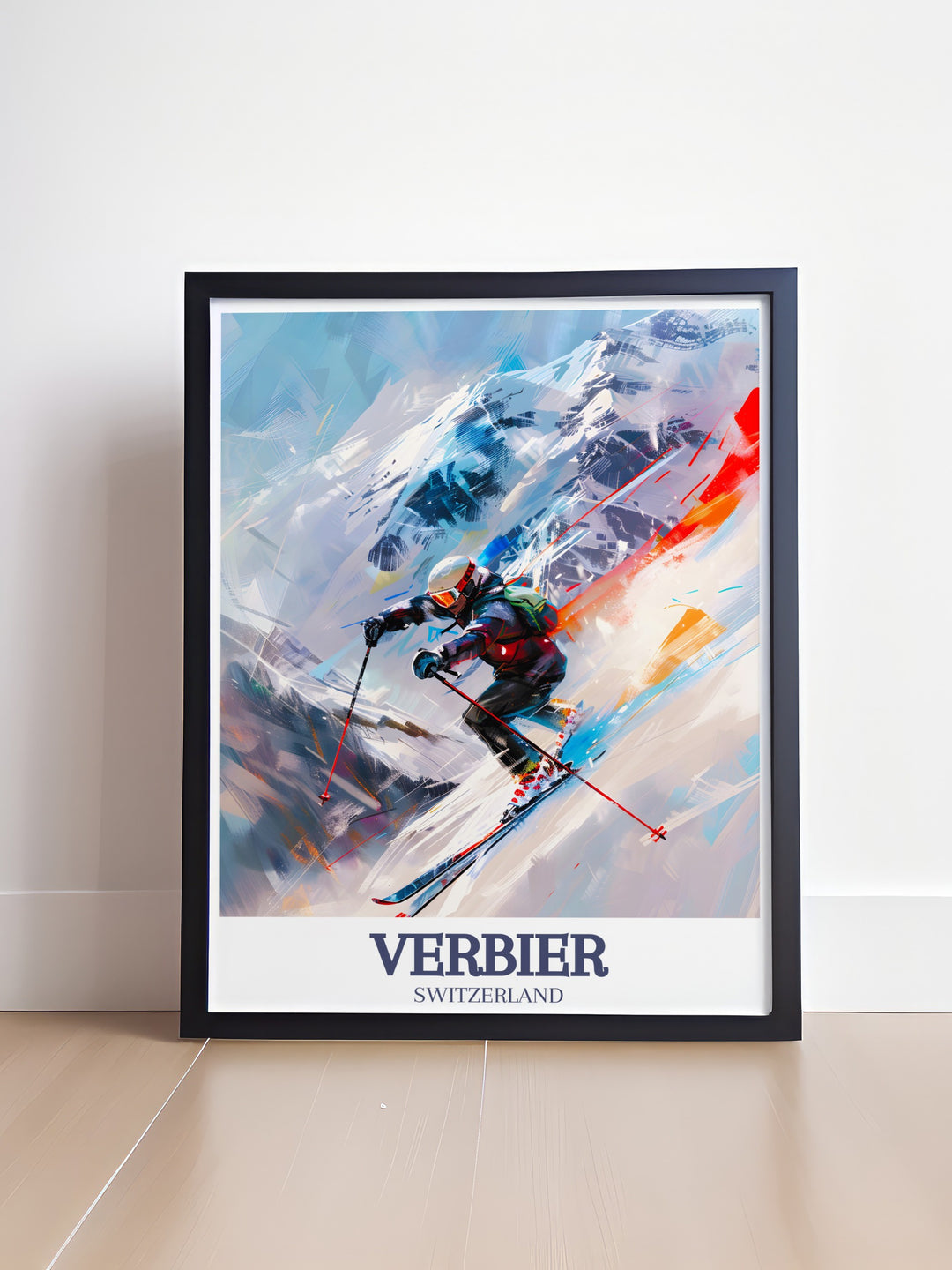 Experience the thrill of Verbiers slopes with this wall art featuring the majestic Verbier mountains and the expansive Four Valleys ski area. Perfect for decorating ski chalets, homes, or offices, this piece of art is a tribute to one of Switzerlands top ski destinations.