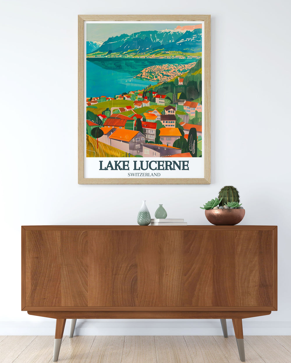 Stunning Switzerland wall art featuring Lake Lucerne Lucerne Old Town and Swiss Alps brings the beauty of Switzerland into your living room. The print combines nature and history in one elegant artwork making it the perfect gift for travel lovers.