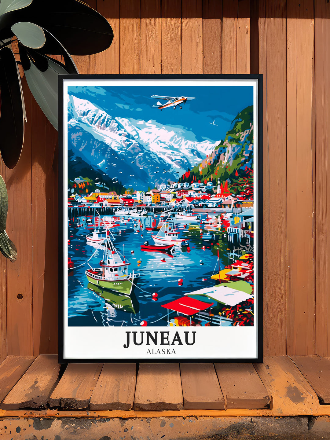 Alaska wall print featuring the serene Gastineau Channel and Juneaus bustling harbor. Perfect for those who appreciate the rugged beauty of Alaskas coastal towns, this print reflects the calm and adventure of Juneaus maritime landscape.