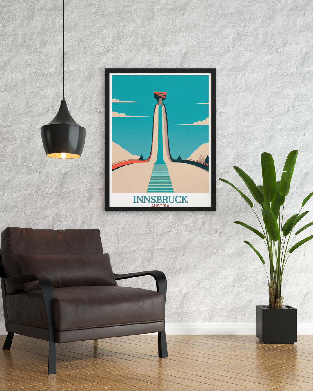 Austrias Alpine charm comes to life with this Innsbruck poster, showcasing the Bergisel Ski Jump. A must have travel print for those who appreciate nature, sports, and breathtaking scenery.