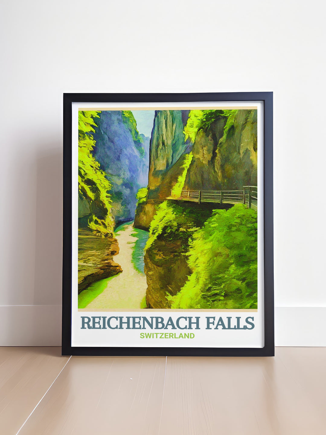 This travel print captures the scenic beauty of Reichenbach Falls and Aare Gorge in Switzerland. The finely crafted artwork is ideal for those who appreciate natures wonders, making it the perfect addition to any room or as a thoughtful gift for travelers and adventurers.