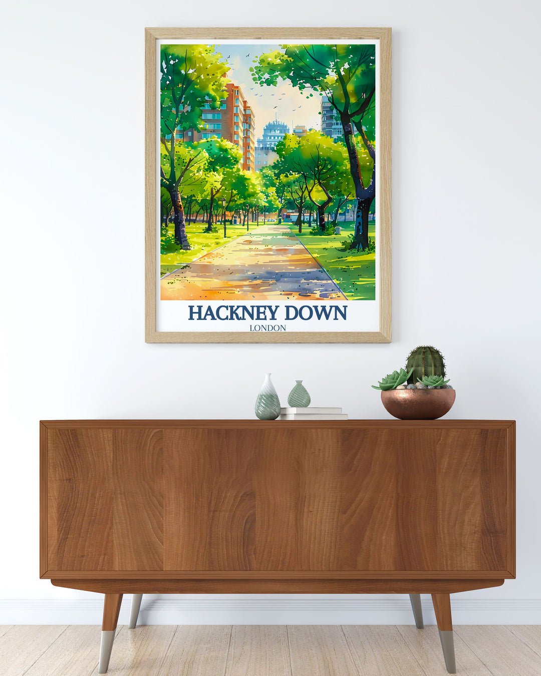 This detailed illustration of Hackney Downs Park features expansive lawns and mature trees, offering a picturesque view of one of East Londons favorite green spaces, perfect for enhancing your home decor.