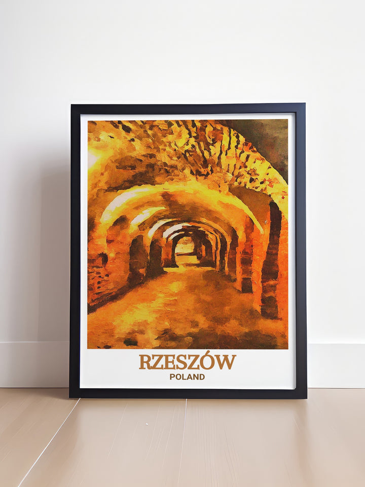 The Underground Tourist Route in Rzeszow is beautifully captured in this elegant art print making it a must have for anyone looking to enhance their wall decor with a touch of history and adventure ideal as a unique Poland travel gift.